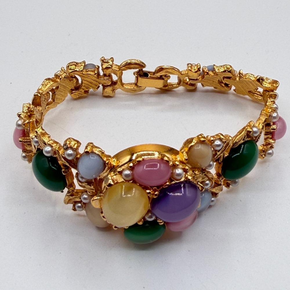 Gold Tone Cabochon Faux Pearl Bracelet Vintage Multicolor Bold Statement Jewelry